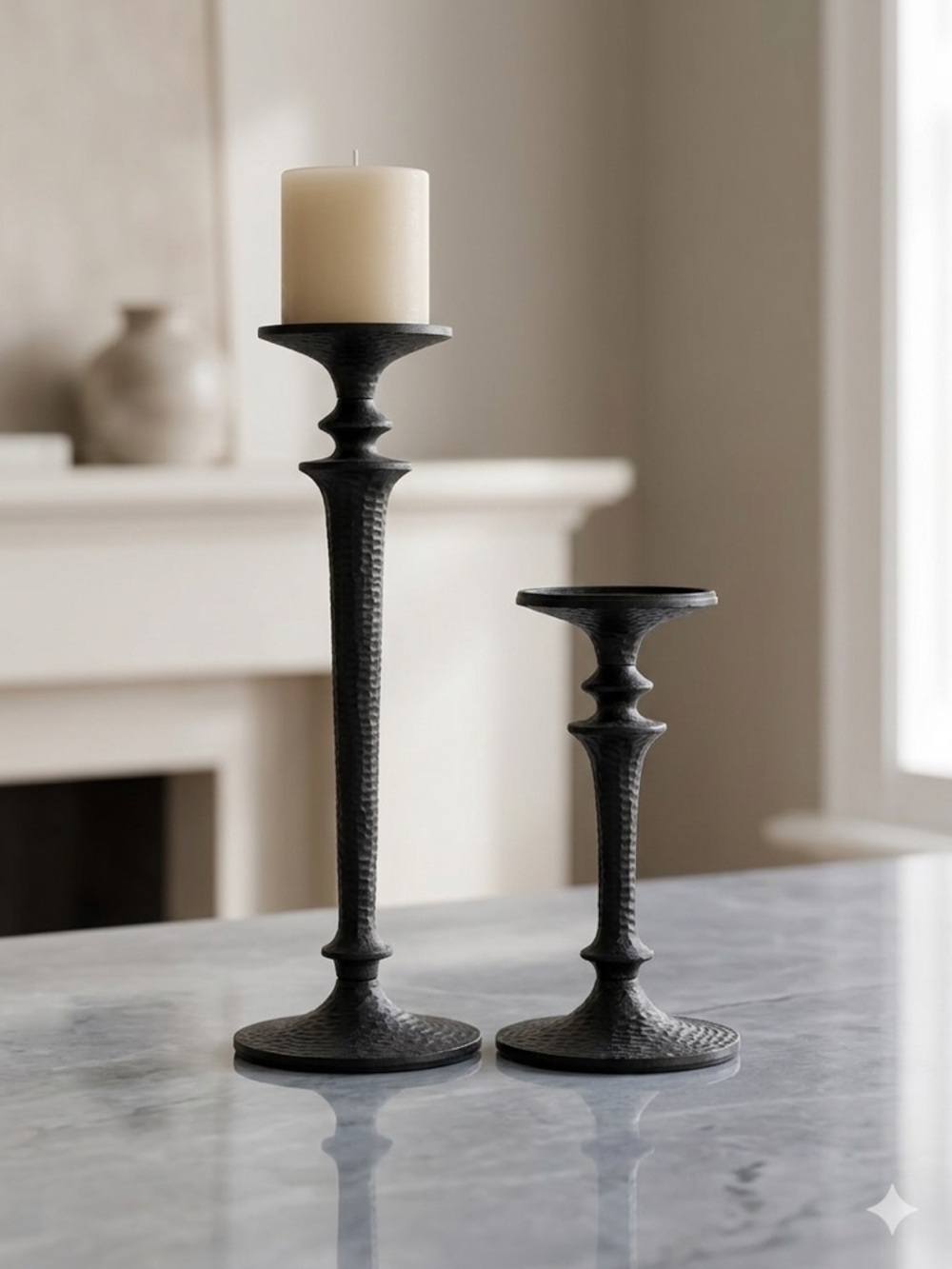 Set of 2 Hammered Metal Pillar Candle Holders - Matte Black Industrial Modern